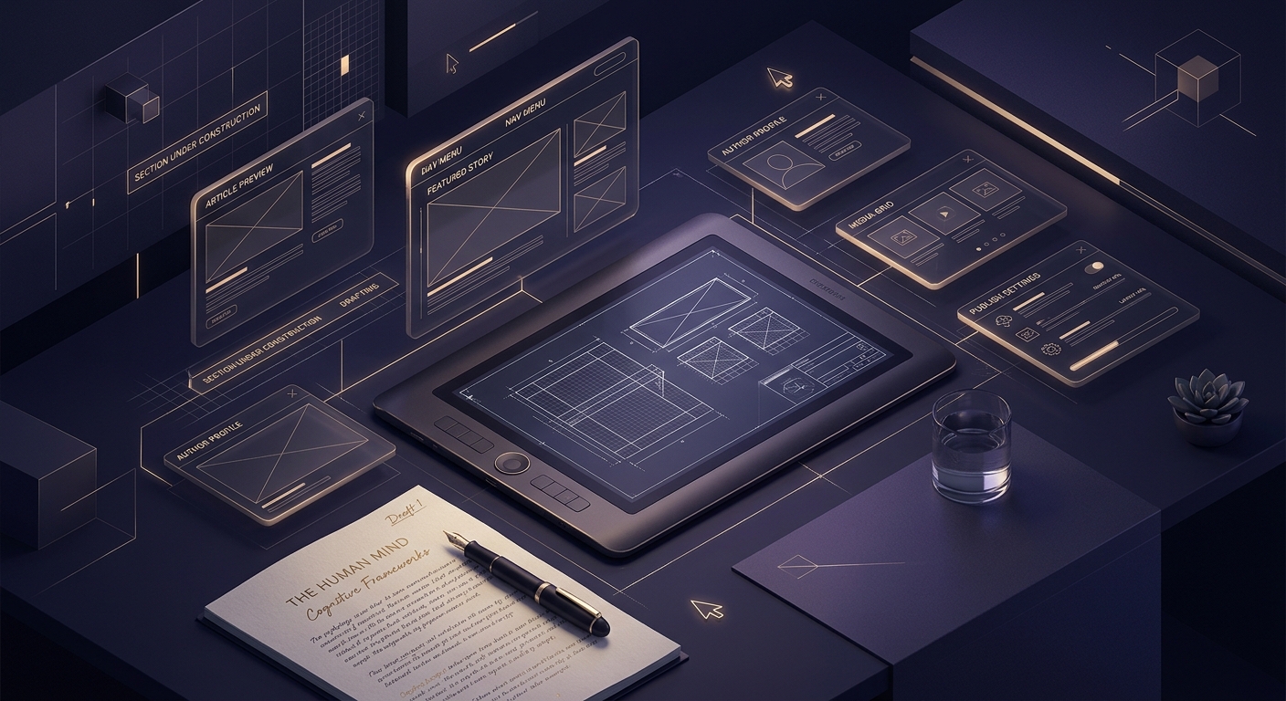 Ilustración conceptual de sección en construcción y redacción editorial